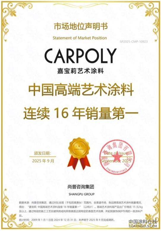 嘉宝莉荣获尚普咨询集团系列市场地位声明 中国涂料在线,coatingols.com
