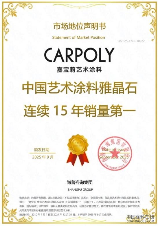 嘉宝莉荣获尚普咨询集团系列市场地位声明 中国涂料在线,coatingols.com